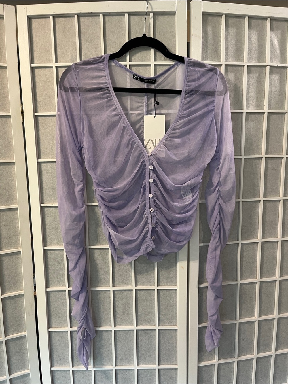 ZARA Lavender Ruched Sheer Button-Front Long Sleeve Top